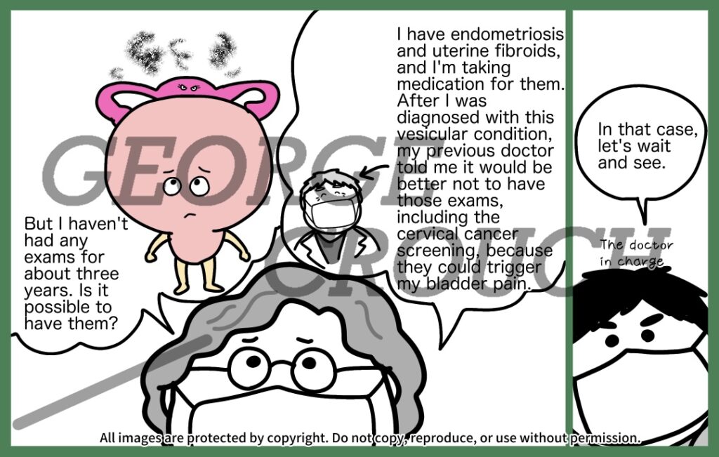 Puchiko talks with her doctor about her vesical condition is affecting the uterine examination.